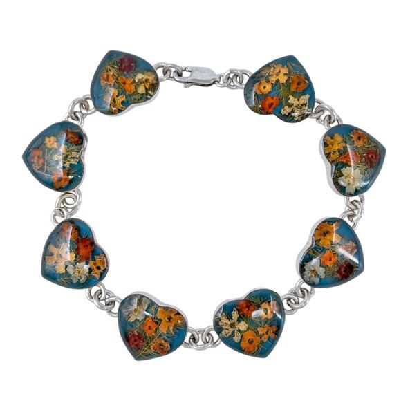 Estate Mexico Dried Flower Resin Heart Bracelet Sterling Silver 925 | 7.25" - Picture 4 of 8